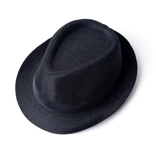 Classic Short Brim Fedora Summer Beach Trilby Hat - color: Black Band-black
