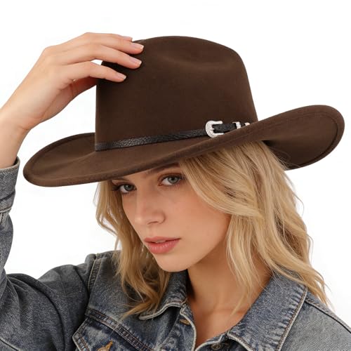 AQOKKA Western Cowboy Hats for Women Classic Felt Wide Brim Fedora Hat with Belt Buckle Retro Panama Hat Unisex Rolled up Cap - color: 1 Pc Fedora Hat A: Coffee