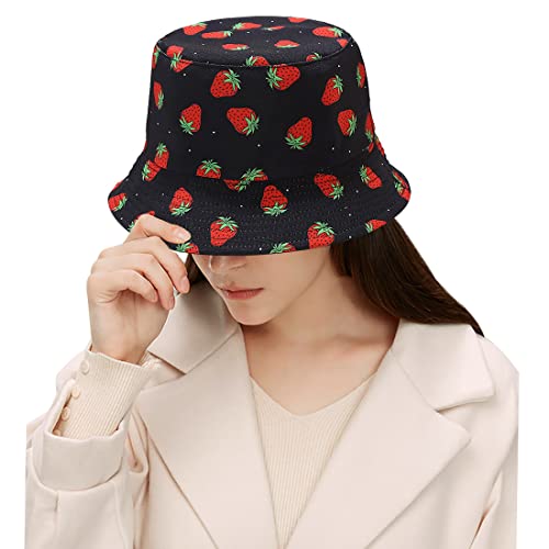 Unisex Bucket Hat Beach Sun Hat Aesthetic Fishing Hat for Men Women Teens, Reversible Double-Side-Wear - color: Strawberry Black