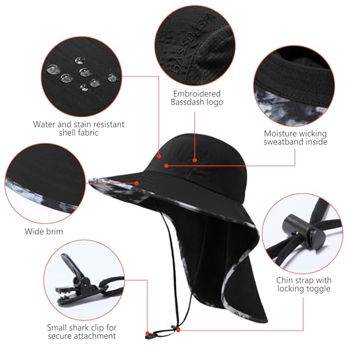 BASSDASH UPF 50+ Unisex Water Resistant Wide Brim Sun Hat with Large Neck Flap Ponytail Fishing Hat for Men Women - color: Black/Splash Black