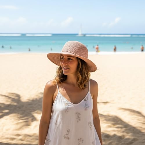 Womens Summer Straw Beach Sun Hats Packable Foldable Bucket - color: Pink