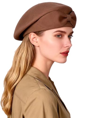 Wedding Hats for Women Vintage Wool Felt Berets Ladies Pearl Fascinator Autumn Winter Cap Bow Church Fedoras - color: Khaki
