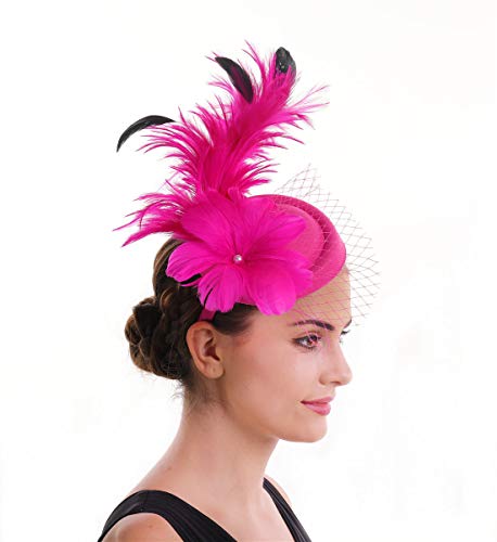 SAFERIN Fascinator for Women Hair Clip Hat Bowler Feather Flower Veil Wedding Party Hat Tea Hat - color: C1-fuchsia Feather