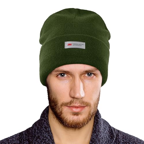 Waterproof Winter Fleece Lined Beanie Hat for Men Women Warm Knit Cuffed Beanie Thick Skull Cap Unisex Windproof Watch Hat - color: Olive Green