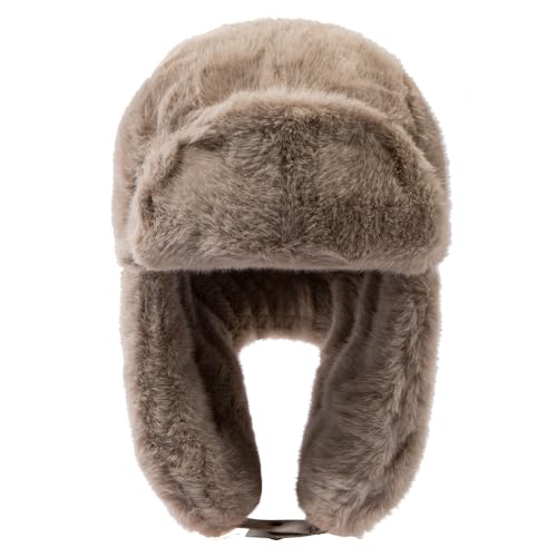 Fluffy Trapper Hats Winter Cozy Plush Ushanka Russian Hat Windproof Ski Hat Pilot Aviator Cap Cold Weather Hat - color: Mg-lfmyymrtb27-khaki