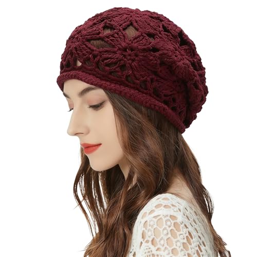 ZLYC Women Cotton Crochet Slouchy Beanie Hat Handmade Knit Summer Skull Cap - color: Crochet Burgundy