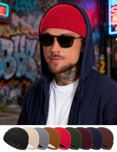 Fleece Lined Wool Short Fisherman Beanie Men Women Cuff Winter Hat - color: 1pc-red