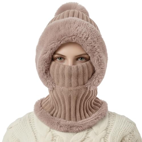 AQOKKA 3 in 1 Knit Fleece Lined Beanie Hat with Scarf and Mask Warm - color: Khaki