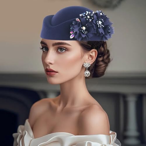 Women Vintage Church Hat Applique Felt Pillbox Hat Fascinator Tea Party Cap - color: Z1-navy