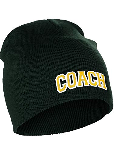 I&W Sports Team Coach Arch Letters Winter Knit Cuffless Beanie 3D Raised Layers - color: Dk Green Beanie White Gold