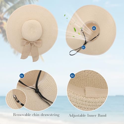 Emprier Beach Straw Hats for Women, Summer Wide Brim Foldable Packable Sun Hat, for Travel Summer Vacation - color: Beige
