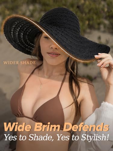 Sun Beach Hats for Women Summer Floppy Wide Brim Sunhat Packable Foldable Lace Travel Vacation - color: Black, size: Medium
