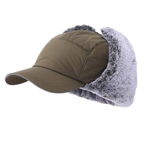 Home Prefer Waterproof Mens Faux Fur Trooper Trapper Hat Hunting Warm Winter Hat with Ear Flaps Visor Face Mask - color: Army Green
