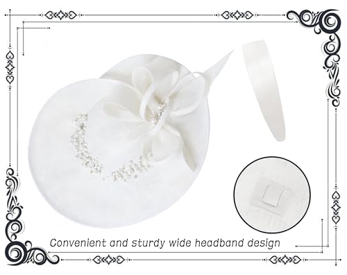 dressfan Vintage Fascinator Hats for Women,Linen Pearl Fascinator for Derby Church Wedding Tea Party - color: White