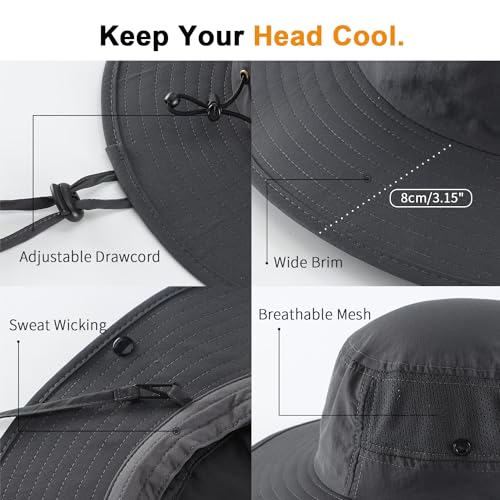 Home Prefer UPF50+ Mens Sun Hat Wide Brim Womens UV Protection Beach Bucket Hat for Fishing Hiking Snap Up Cowboy Hat - color: Dark Grey