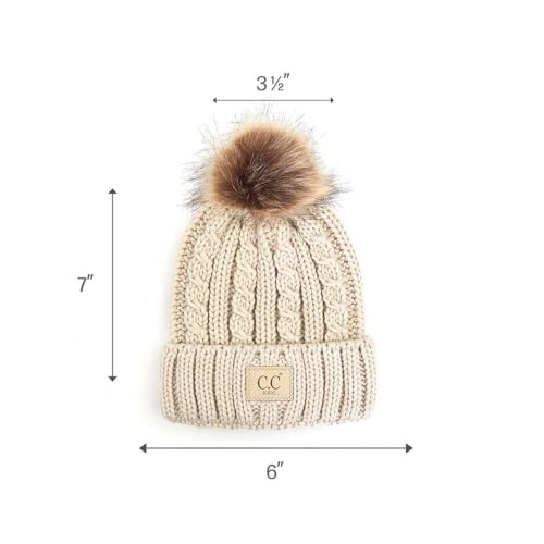 C.C Kids' Suede Patch Snuggly Soft Warm Knit Pom Cuff Beanie - color: Cable Knit Faux Fur, Beige