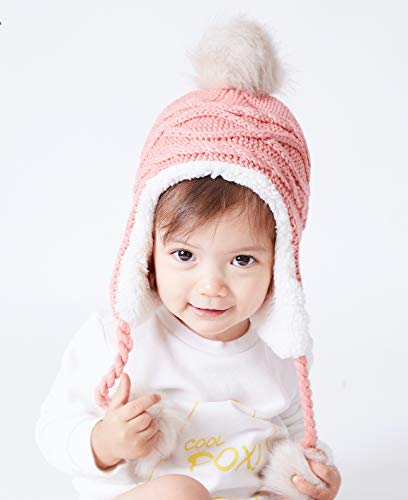 Home Prefer Girls Sherpa Earflaps Hat Toddler Baby Knit Beanie Fuzzy Peruvian Cold Weather Warm Winter Hat - color: Pink, size: Small