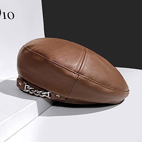Women's PU Leather French Artist Beret Cap - color: Brown