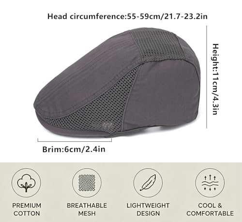 DIYDECAL Mens Cotton Mesh Newsboy Cap Flat Ivy Gatsby Hat Summer Driving Cabbie Cap - color: Grey