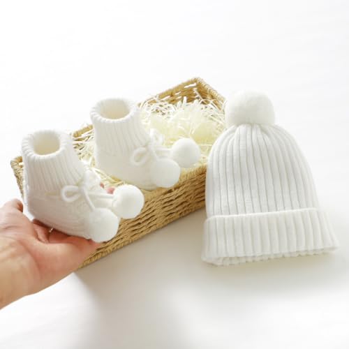 Baby Hats and Booties Set Newborn Knit Pompom Beanie Caps Shoes Winter - color: White