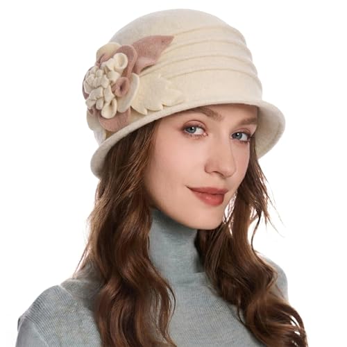 ZLYC Women Wool Cloche Bucket Hat 1920s Vintage Winter Hat with Flower - color: Mixed Beige