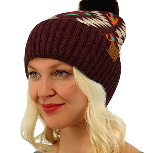 C.C Fur Pom Winter Fall Trendy Chunky Stretchy Cable Knit Beanie Hat - color: Aztec Dk. Berry