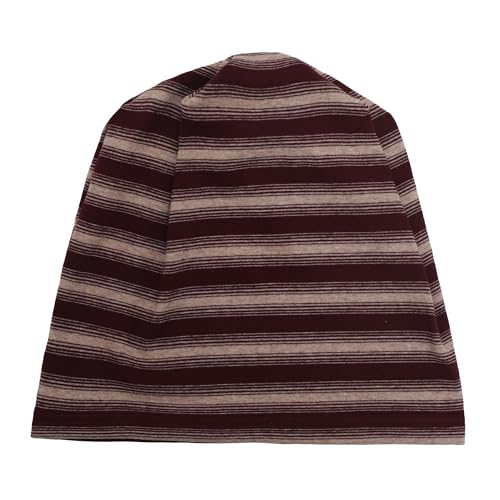 ZLYC Cotton Thin Slouchy Beanie Hat for Men Women Stretch Skull Cap - color: Striped Burgundy and Khaki, size: One Size