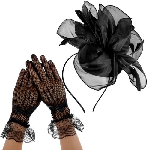 Sibba Tea Party Hat with Lace Gloves 1920s Vintage Fascinator Hats Black