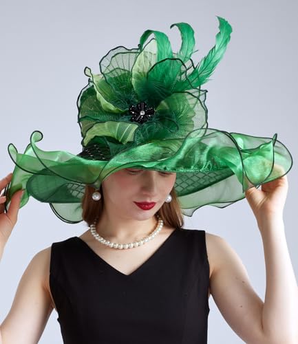 Women Organza Derby Hat Fascinator Tea Party Wedding Church Derby Hat Fascinator Hats Dual-use - color: 02e Green