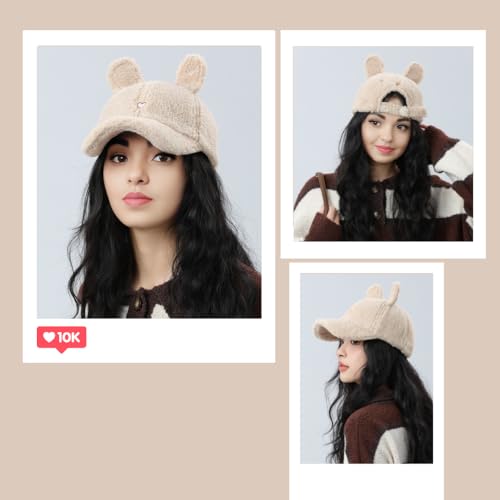 Cute Hat for Women Winter Wool Cat Rabbit Ears Soft Beanie Slouchy Baseball Cap Vintage Casual Sports - color: Beige