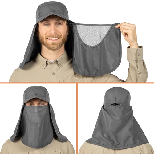 SUN CUBE Fishing Sun Hat with Neck Flap & Face Cover, Wide Brim UPF50+ Cap - color: Grey