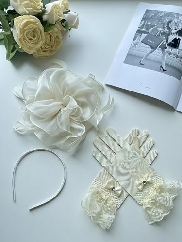 GurZinn Fascinator Hat Veil Feather Fascinator Tea Party Bridal Wedding Veil Pillbox Hat - color: E-beige Hat&glove