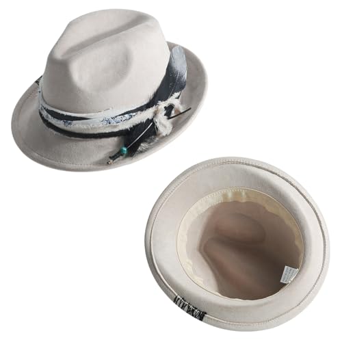 Fedora Trilby Hats for Men Women Handmade 1920s Classic Short Brim Hat with Feathers Unisex - color: Cream