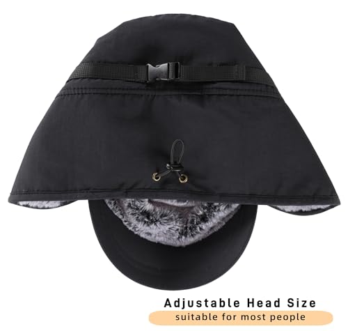 Connectyle Men's Winter Hat with Visor Warm Earflaps Hat Fully Lined Faux Fur Baseball Cap Trapper Hunting Hats - color: Black