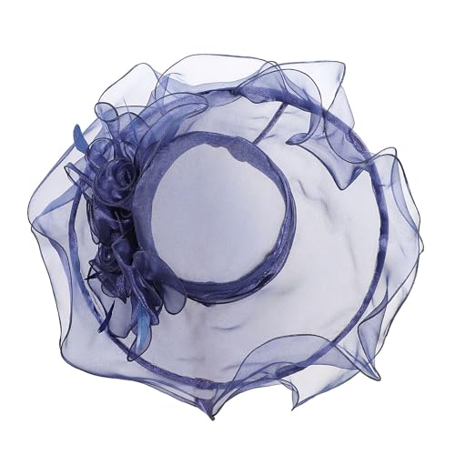 Women Oganza Sun Hat Church Wide Brim Wedding Formal Fascinator Hat - color: Navy
