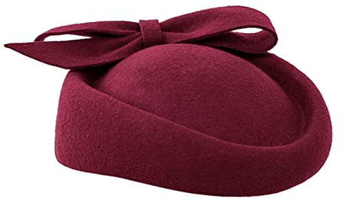 Wool Fascinator Pillbox Hat Winter British Wool Felt Hat for Women Wedding Church Hat Flower Fedoras - color: 2023 Burgundy