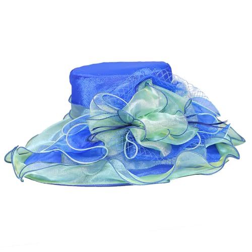 Kentucky Organza Derby Top Hats for Women Sun Visor Cap Ladies Flowers Bride Weeding Fascinators Wide Brim Fedoras - color: Royal Blue