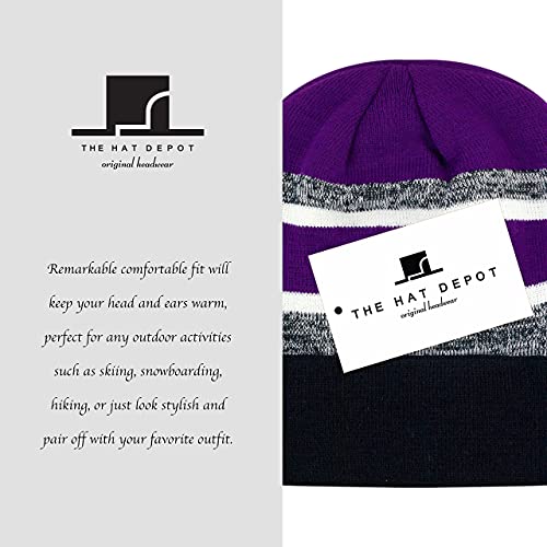 Winter Knit Beanie Hat with Pom Pom – Warm Cuffed Slouch Ski Cap for Men & Women - color: 2.black and Purple