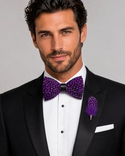 RBOCOTT Handmade Feather Pre-tied Bow tie and Brooch Sets for Men - color: Purple