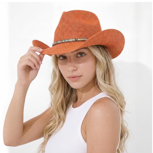 C.C Knitted Cowboy Hat for Women Lightweight Woven Western Hat with Multicolor Trim Band, Wide Brim Summer Sun Hat - color: Clay