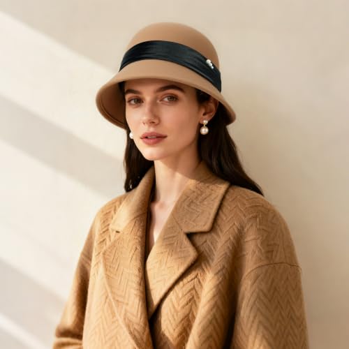 Women Cloche Felt Hat Winter Wool Bucket Hat Vintage Fedora Bowler Hat - color: 3-brown