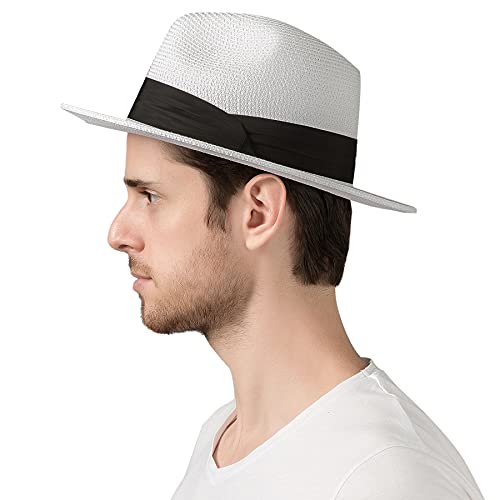 Lanzom Summer Beach Sun Hats for Men Women Foldable Floppy Travel Packable Staw Hat, Wide Brim Hat - color: Style B-white, size: Large