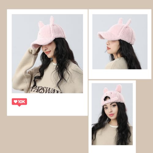 Cute Hat for Women Winter Wool Cat Rabbit Ears Soft Beanie Slouchy Baseball Cap Vintage Casual Sports - color: Pink