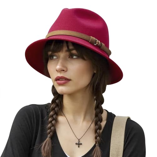 PURFUN Vintage Feather Felt Fedora Hat for Men Women Classic Short Brim Jazz Dance Party Wedding Trilby Bowler Panama Hat - color: Leather Band/Red