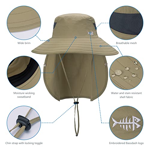 BASSDASH UPF 50+ Breathable Sun Hat with Removable Face Cover and Neck Flap Wide Brim Bucket Hat for Fishing Hiking Men Women - color: Khaki