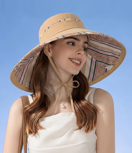 Reversible Wide Brim Sun Hat, Double-Sided Bucket Hat with Chin Strap, Packable UV Protection Beach Hat, Yellow - color: Khaki