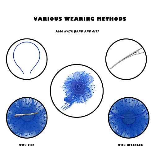 Century Star 2026 Kentucky Hat Derby Fascinator for Women Tea Party Flower Mesh Ribbons Feathers Headband Hair Clips - color: Blue