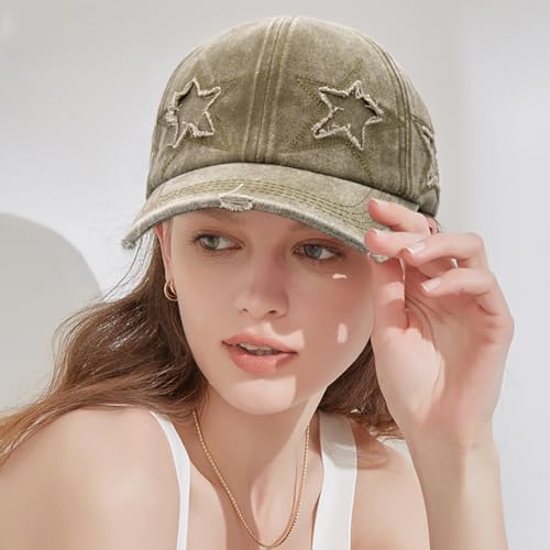 Retro Washed Distressed Baseball Cap with Five Pointed Stars for Women Men - color: Khaki