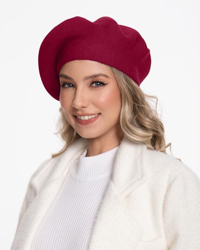 Women's Knitted Beret, French Style Double Layer Winter Autumn Warm and Soft Beanie Hat Cap - color: Dark Red
