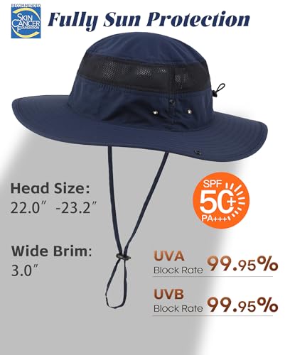 Connectyle UPF 50+ Wide Brim Sun Hat for Men Breathable Cowboy Boonie Hats Outdoor Bucket Hat for Fishing Hiking Safari - color: Navy Blue